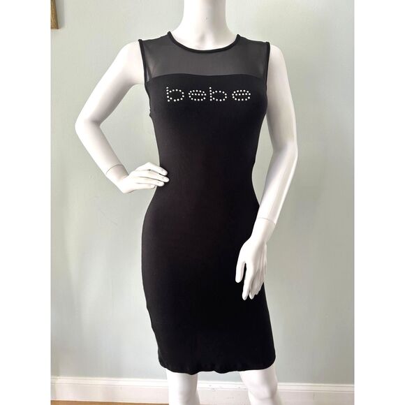 Y2k Style BEBE Black Illusion Rhinestone Logo Mcbling Bodycon Dress size XS - Picture 1 of 8